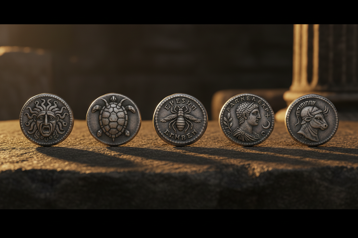 Six ancient Greek silver coins including Athenian owl tetradrachm Gorgon incuse turtle Minotaur and Ephesus bee arranged on dark stone