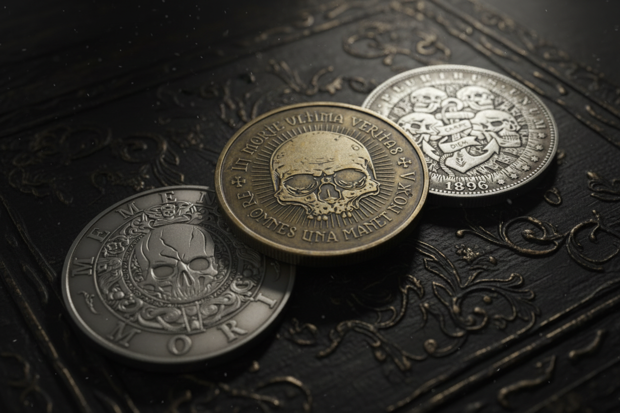 Skull coins featuring Memento Mori Latin, Memento Mori, and Carpe Diem designs on dark Gothic background
