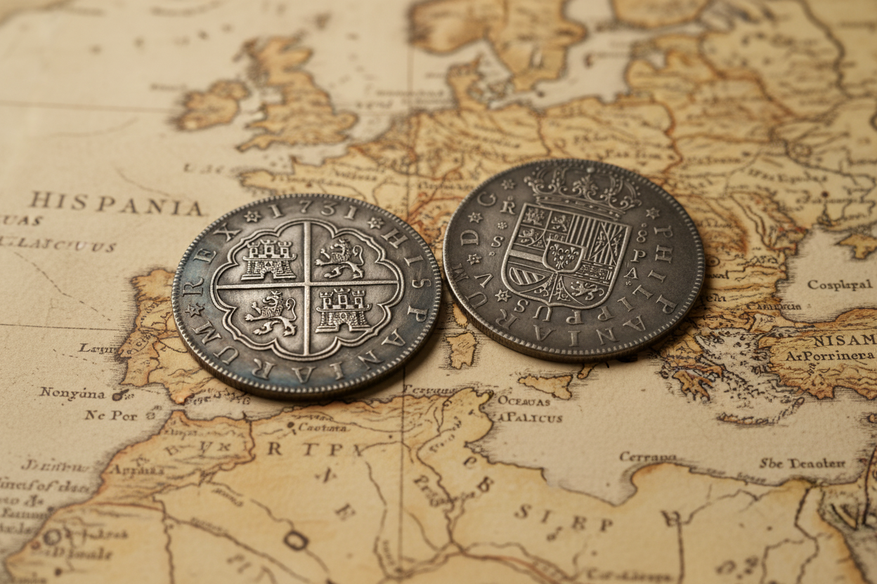 Spanish 1731 Philip V piece of eight silver coin collectible on antique European map historical world coin available at One More Coin store