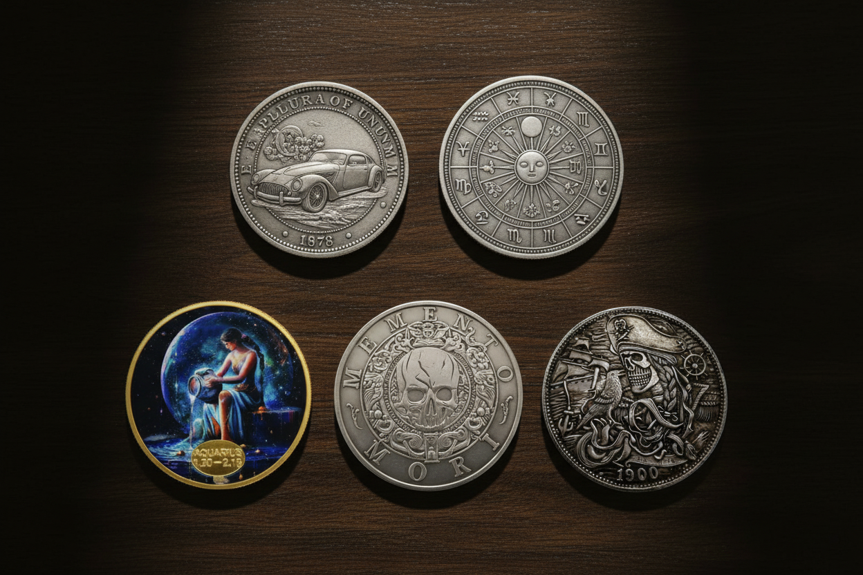 Themed coin collection including Viking, Zodiac and Gothic designs arranged neatl
