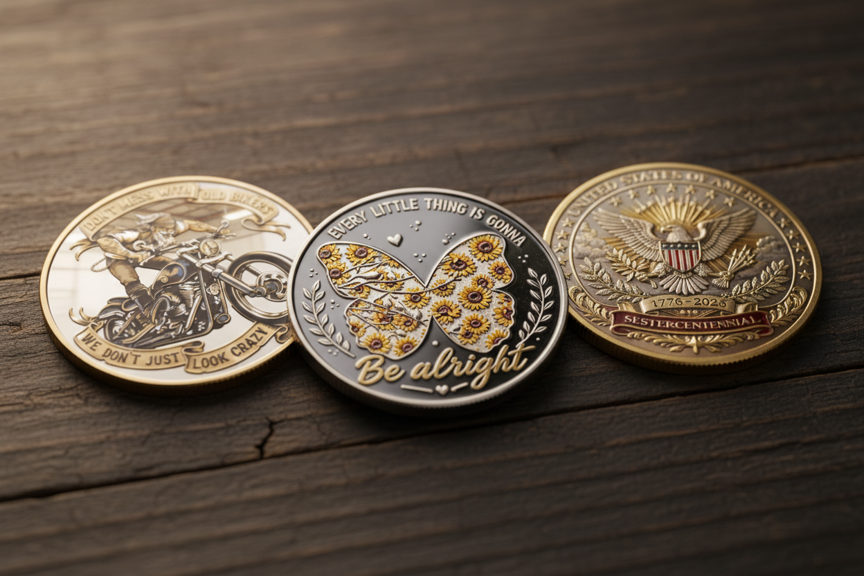 Three collectible coin gifts resting on dark wood — biker coin, sunflower butterfly coin, and America 250th anniversary eagle coin available at One More Coin store