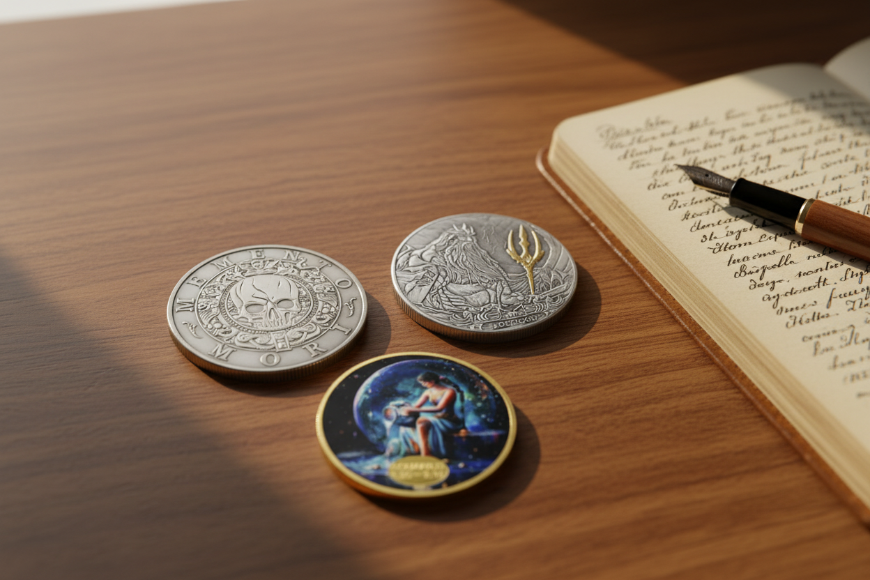 Three themed collectible coins on desk showing why people collect coins as a hobby