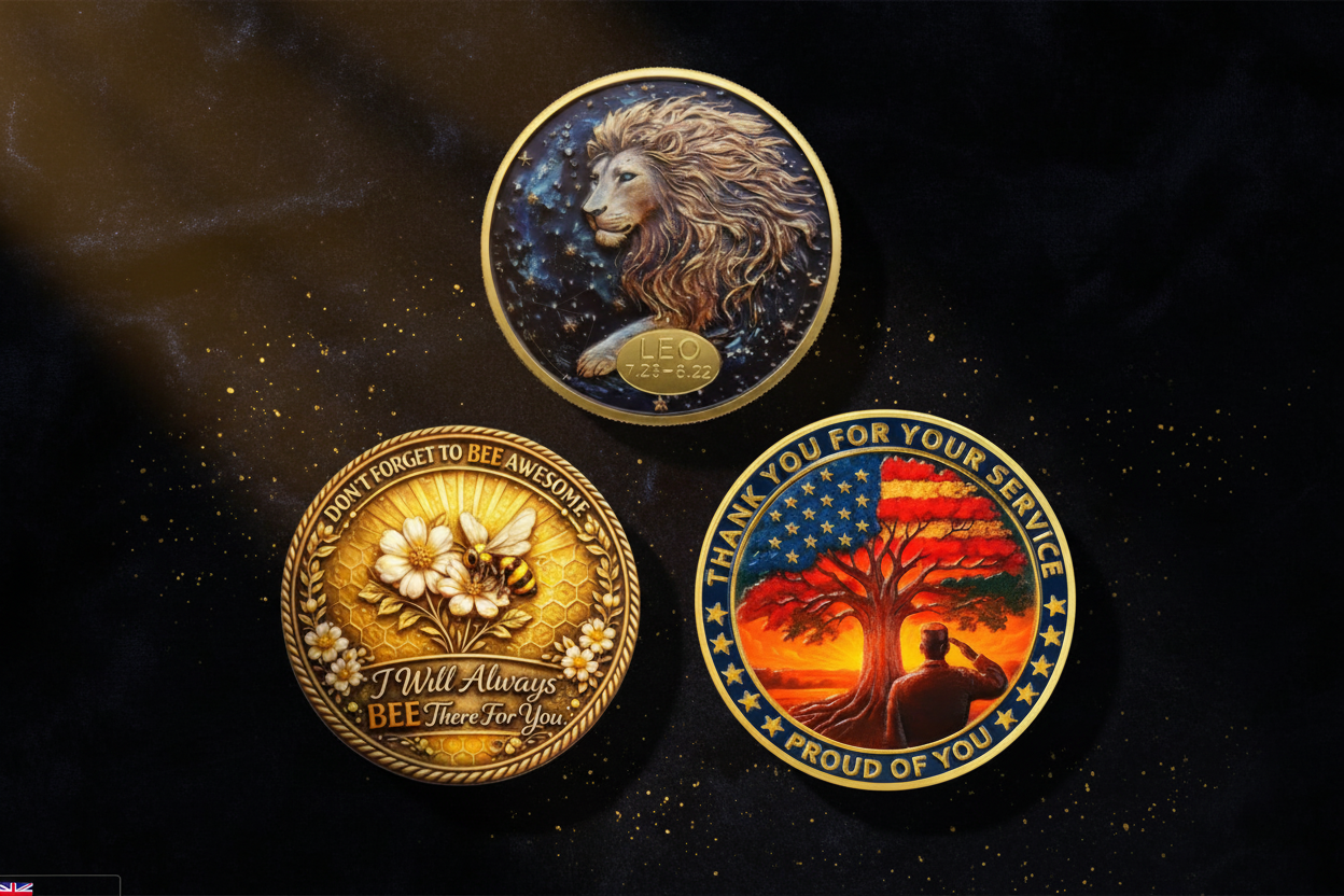 Three trending collectible coins flat lay on dark velvet — Leo zodiac coin, bee friendship coin, and veteran tribute coin available at One More Coin store