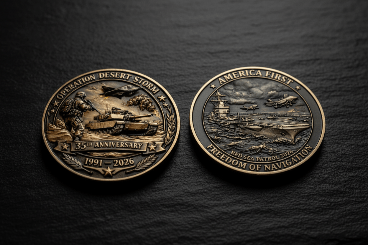 Operation Desert Storm and Freedom of Navigation military challenge coins displayed on dark slate collectible coins