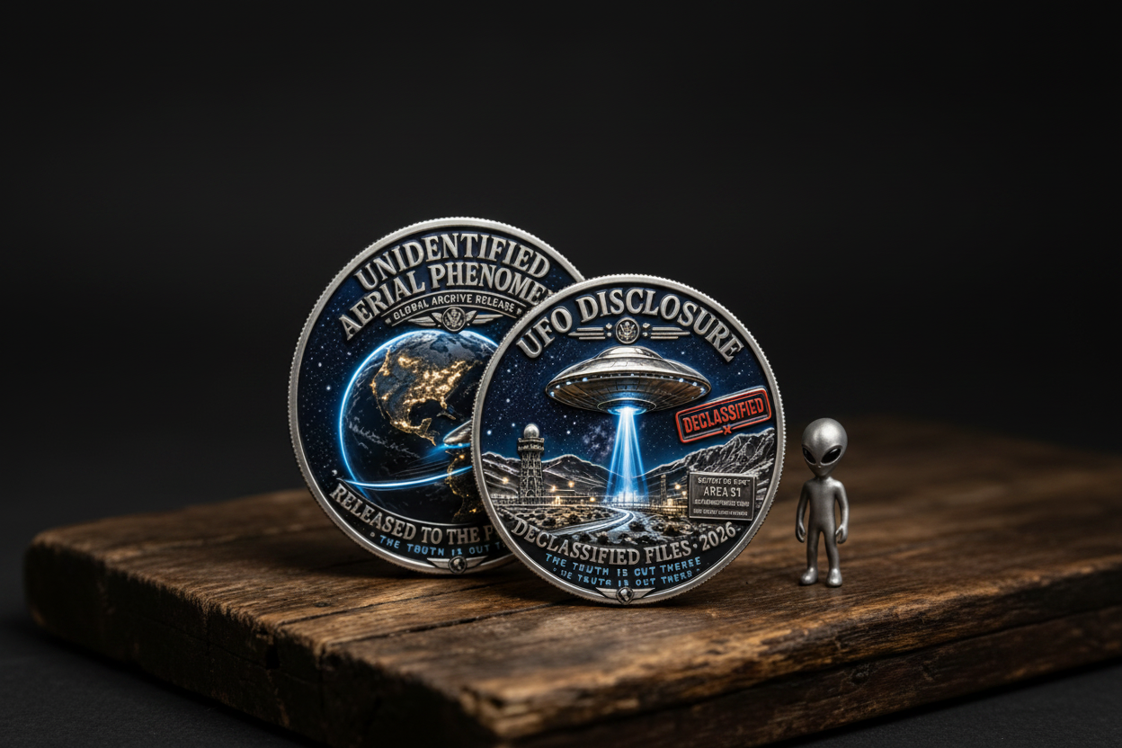 UFO Disclosure Coin and UAP commemorative collectible with alien figurine on dark wood — Area 51 declassified collectible coin available at One More Coin store