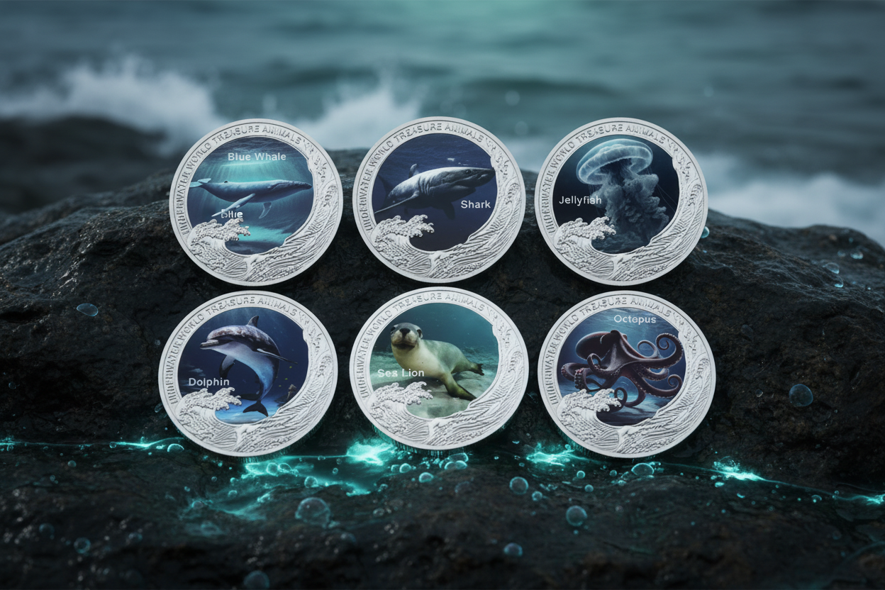 Underwater World Treasure Animals collectible coin collection Blue Whale Shark Jellyfish Dolphin Sea Lion Octopus ocean gifts available