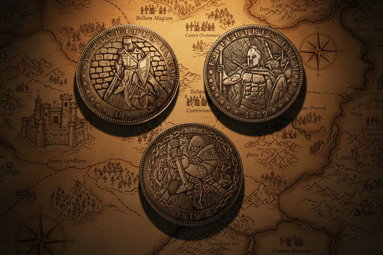 Crusader knight, Bellum battle and Spartan warrior collectible coins on medieval battle map — warrior coin collection available at One More Coin store