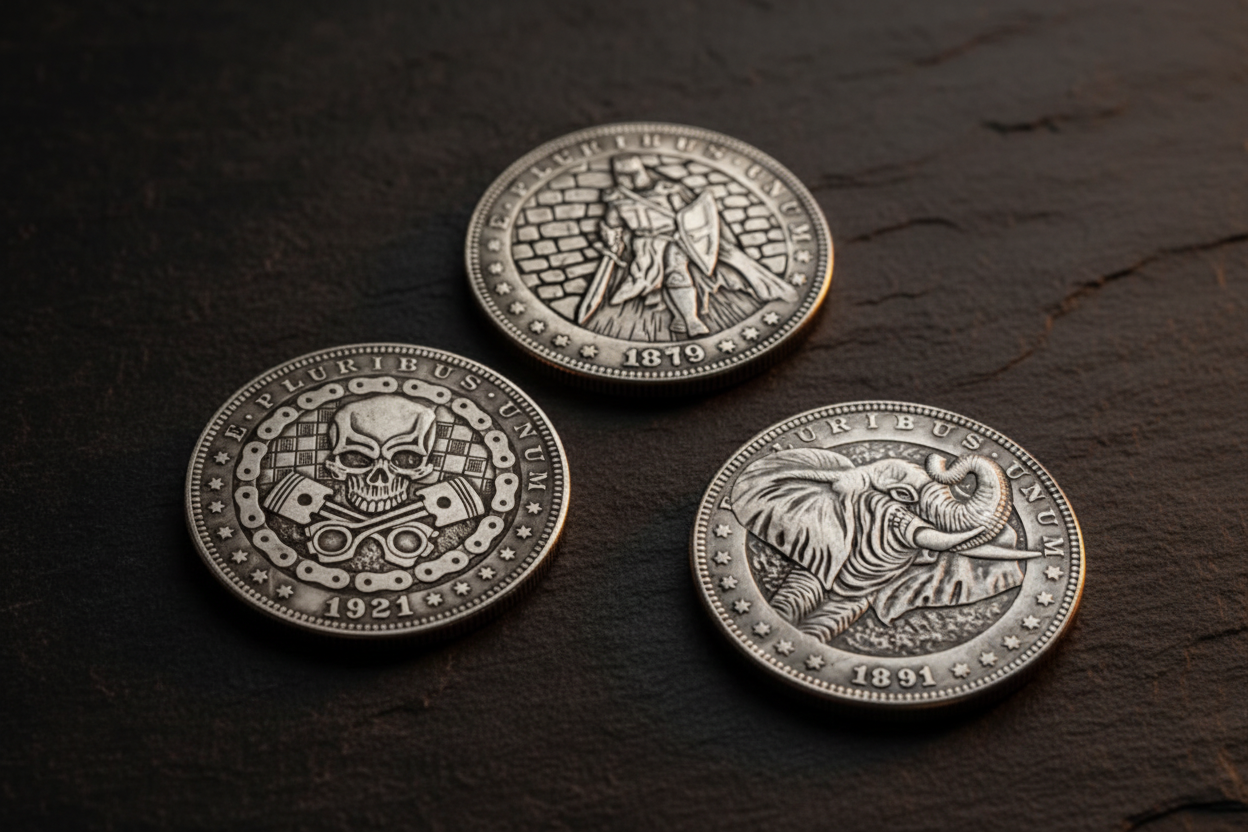 Skull pistons biker cloaked knight and elephant hobo nickel collectible coins antique silver Morgan dollar style available at One More Coin store