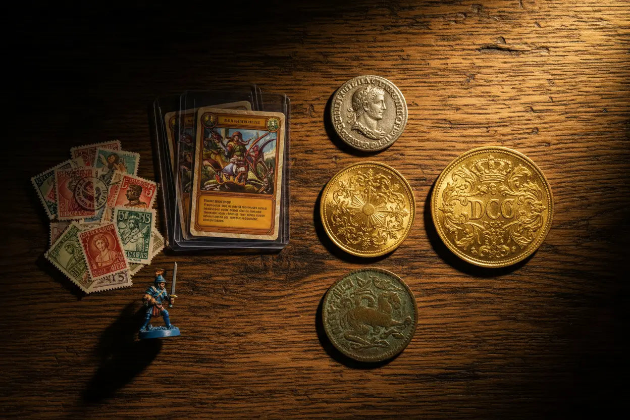Collectible coins displayed alongside stamps trading cards and figurines showing why coins are the superior collectible for serious collectors