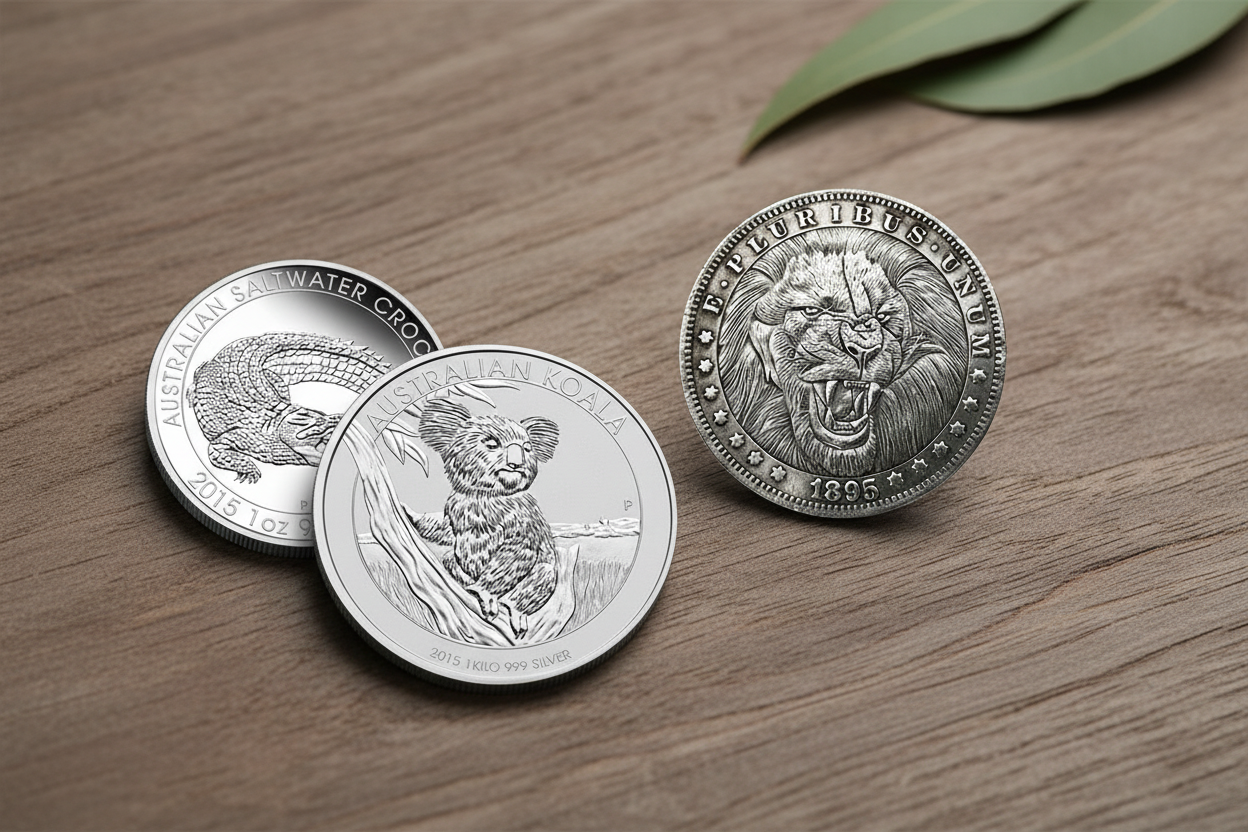 Wildlife commemorative coins featuring Australian koala, saltwater crocodile, and roaring lion arranged on natural wood surface