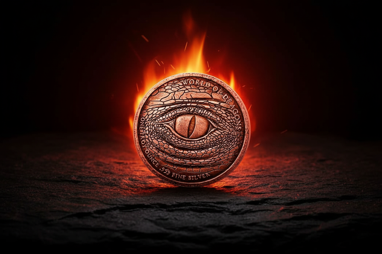 World of Dragons Eye dragon collectible coin on dark stone surface fantasy mythology coin available at One More Coin store