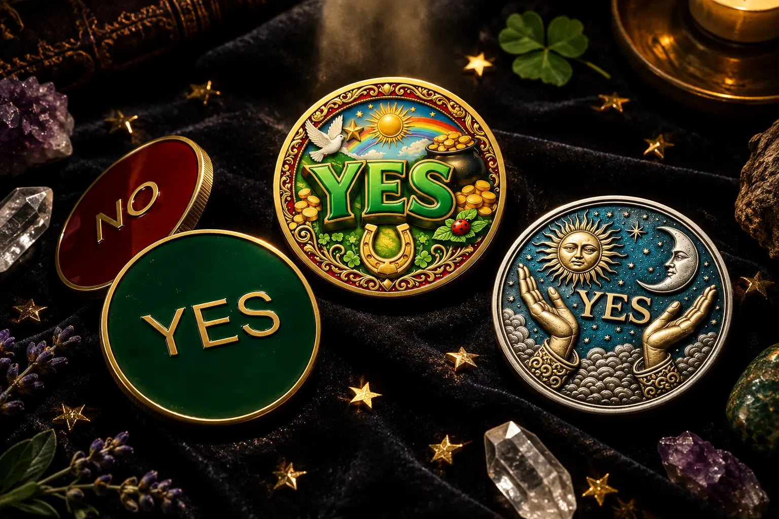 Yes no decision coin classic lucky charm and celestial angel three coin collection black velvet display
