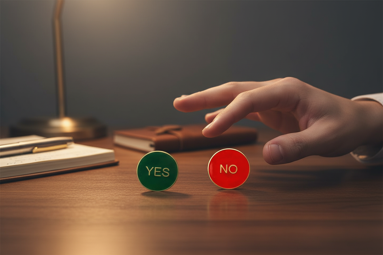 Yes and No decision flip coins side by side on a dark desk — novelty collectible decision coin available at One More Coin store