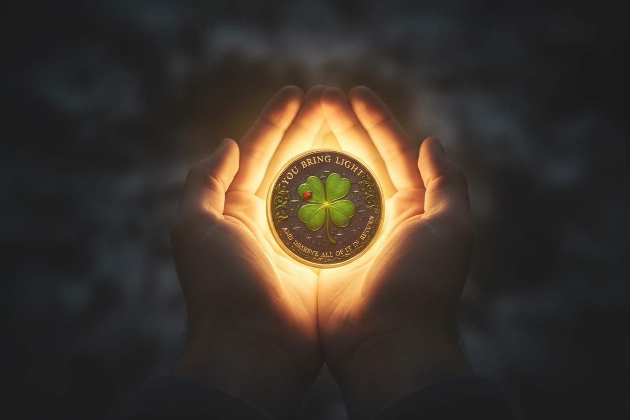 You Bring Light lucky clover collectible coin glowing in open hands emotional gift keepsake available at One More Coin store