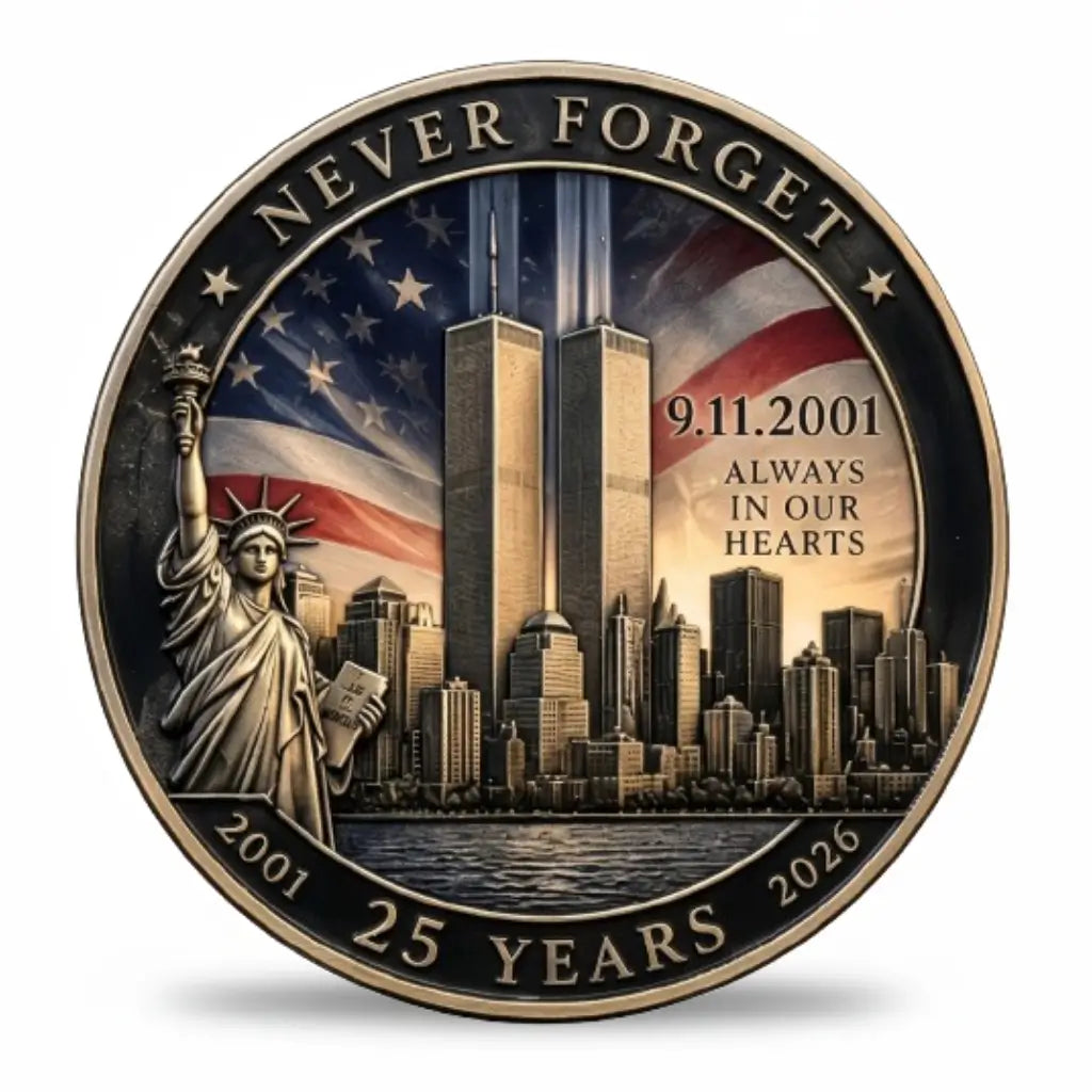9/11 25th anniversary coin showing the Twin Towers above the New York skyline beside the Statue of Liberty, with an American flag across the sky. Inscriptions read “NEVER FORGET”, “9.11.2001” and “ALWAYS IN OUR HEARTS”, with 2001, 25 YEARS and 2026 along the lower border, available at One More Coin store