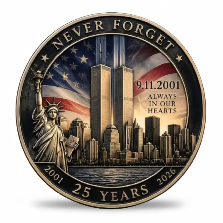 9/11 25th anniversary coin showing the Twin Towers above the New York skyline beside the Statue of Liberty, with an American flag across the sky. Inscriptions read “NEVER FORGET”, “9.11.2001” and “ALWAYS IN OUR HEARTS”, with 2001, 25 YEARS and 2026 along the lower border, available at One More Coin store