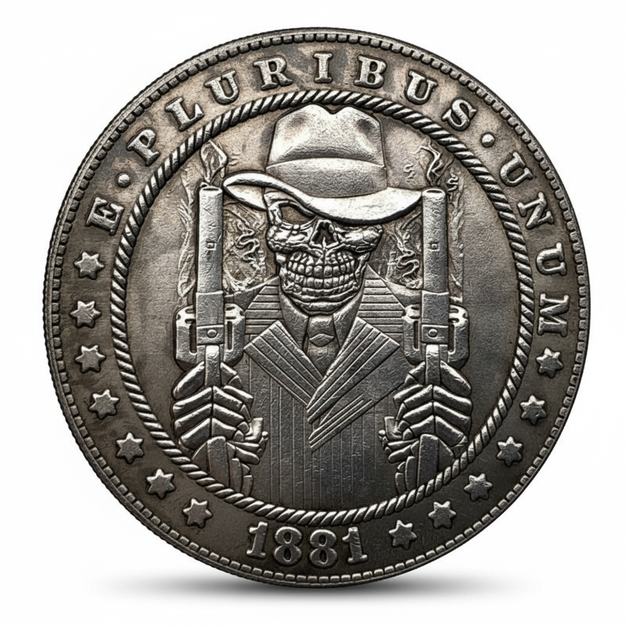 1881 gangster skeleton Morgan Dollar featuring skeleton gangster wearing fedora hat and pinstripe suit with tie, holding two crossed Tommy guns, detailed skull face with teeth, rope border, E Pluribus Unum text, stars, antique silver finish, 40mm diameter