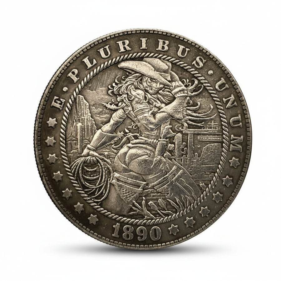 1890 cowgirl Morgan Dollar featuring cowgirl with flowing hair wearing cowboy hat, sitting on barrel with coiled rope, holding pistol, Western town buildings in background, rope border, E Pluribus Unum text, stars, antique silver finish, 40mm diameter