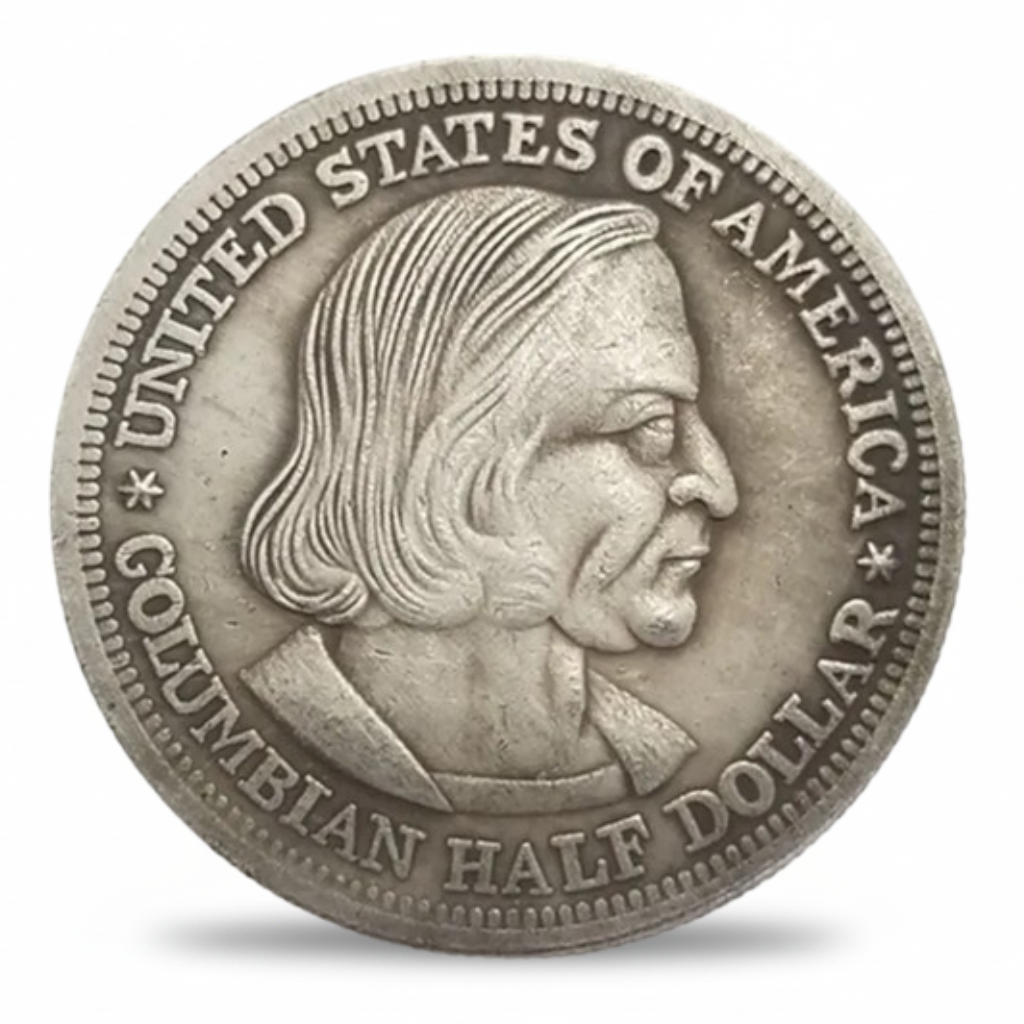 1893 Columbian Exposition Half Dollar replica coin obverse Christopher Columbus portrait United States commemorative collectible available at One More Coin store
