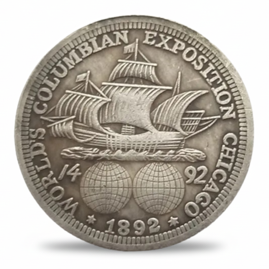 1893 Columbian Exposition Half Dollar Santa Maria caravel twin globes Chicago World's Fair reverse US historical collectible coin token
