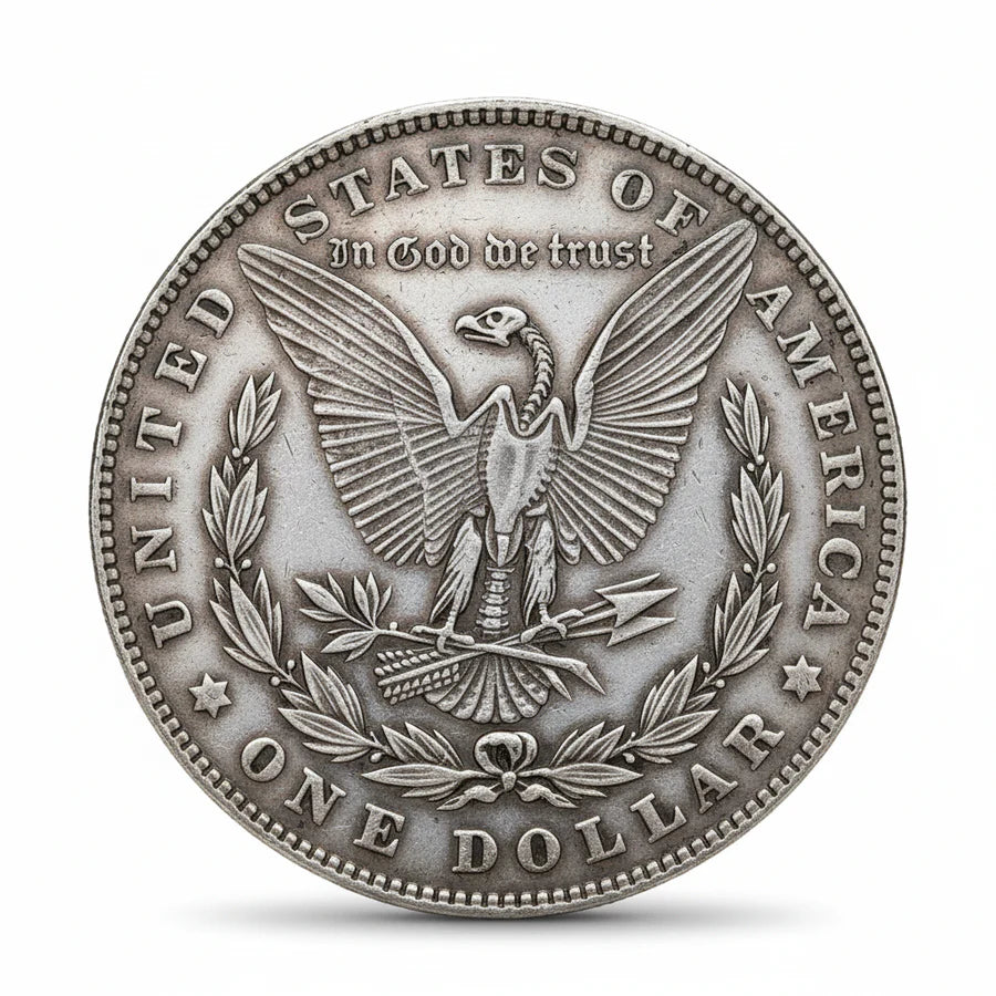 1901 Iron Throne skull Morgan Dollar reverse with American eagle, spread wings, olive branches and arrows, In God We Trust, United States of America, One Dollar text, 38mm diameter


