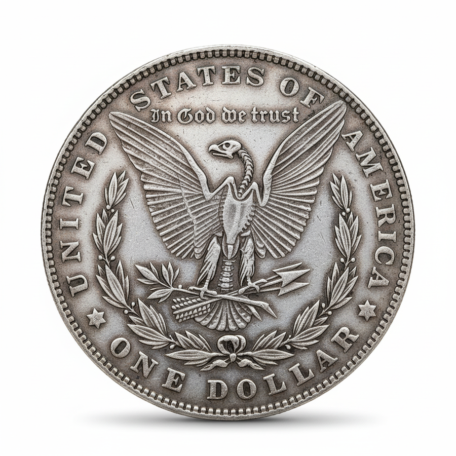 1902 Medusa Morgan Dollar reverse with skeleton eagle, visible ribcage, radiating sunburst lines, In God We Trust, United States of America text, 40mm diameter
