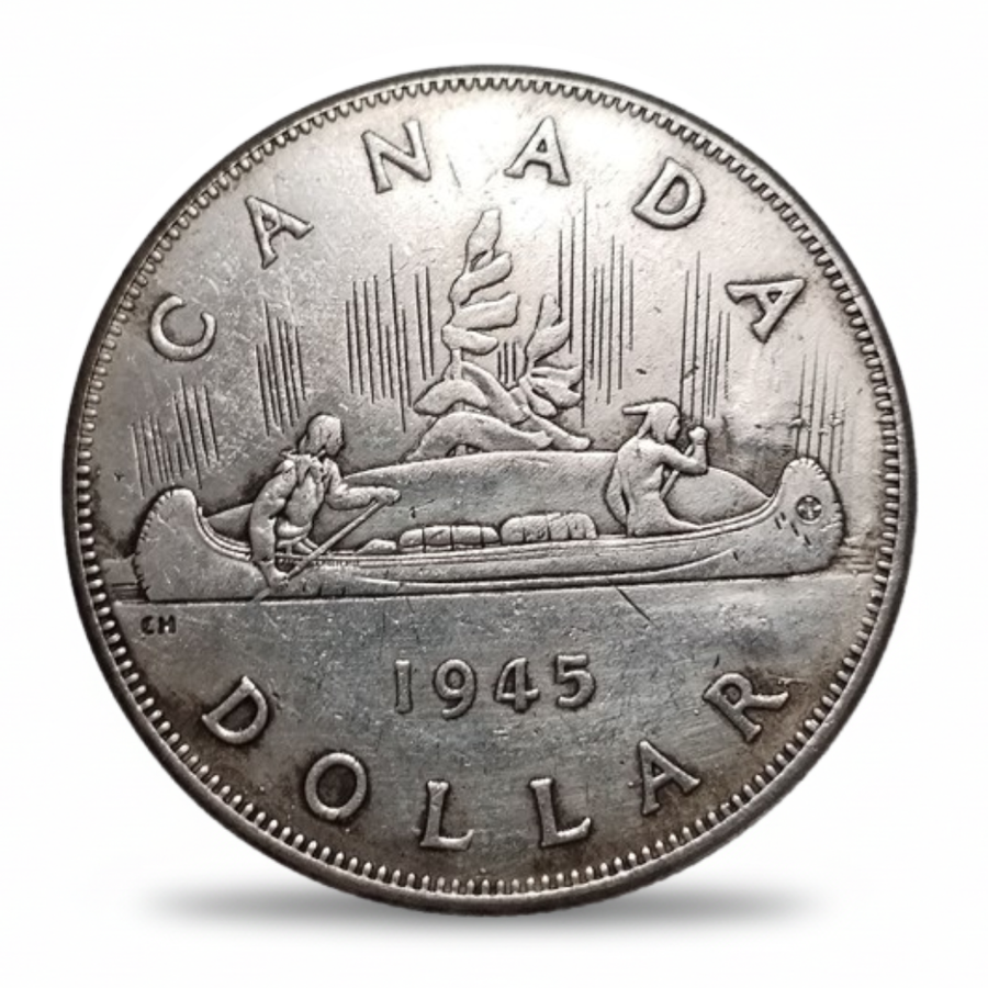1945 Canadian Silver Dollar voyageur canoe reverse historical collectible coin gift for collectors

