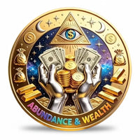 Reverse of the gold-tone iron abundance and wealth collectible token, showing hands holding money beneath a dollar-sign eye and stars