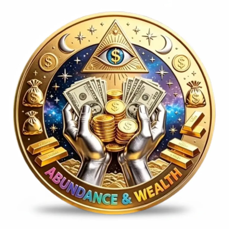 Reverse of the gold-tone iron abundance and wealth collectible token, showing hands holding money beneath a dollar-sign eye and stars