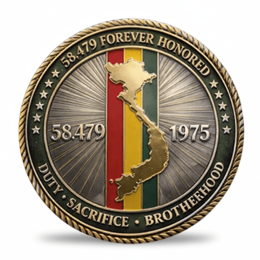 A circular commemorative coin with a rope-style border, featuring a gold-toned silhouette of Vietnam over vertical red, yellow, and green stripes on a silver-gray sunburst background. Text around the edge reads “58.479 forever honored.