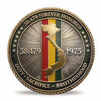 A circular commemorative coin with a rope-style border, featuring a gold-toned silhouette of Vietnam over vertical red, yellow, and green stripes on a silver-gray sunburst background. Text around the edge reads “58.479 forever honored.