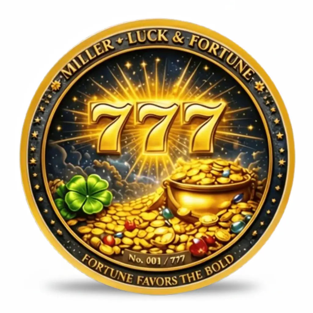 777 triple seven lucky collectible coin front face golden starburst pot of gold four leaf clover gemstones fortune favors the bold black gold enamel available at One More Coin store
