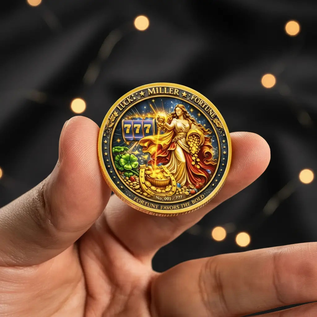 A hand holding a round, gold-toned commemorative coin featuring an illustrated woman, a 777 slot machine, a green clover, and the text 'Lucky Miller Fortune' against a dark background with warm bokeh lights.