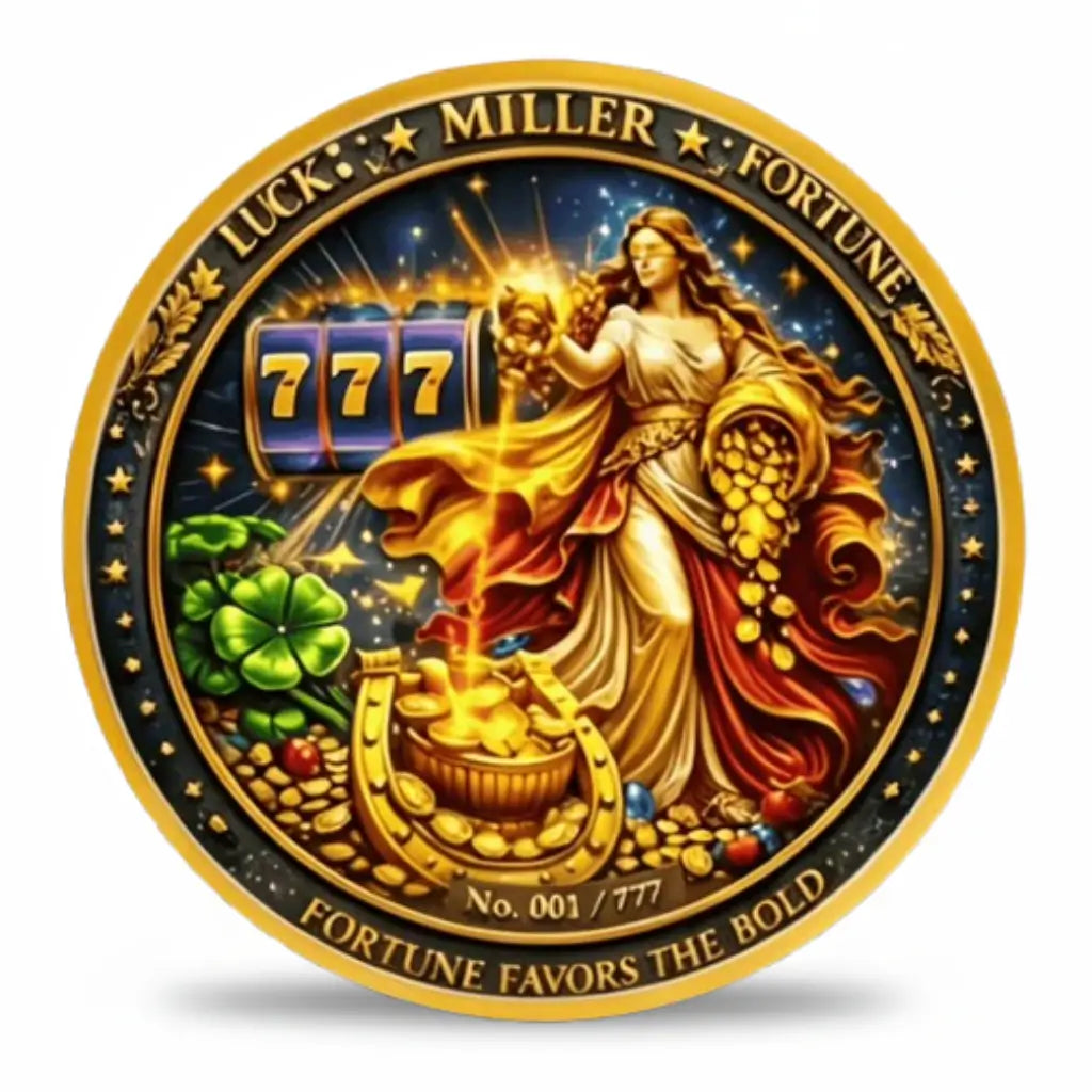 Fortuna goddess of fortune cornucopia gold coins horseshoe four leaf clover 777 slot machine lucky collectible coin reverse black gold enamel collectible token
