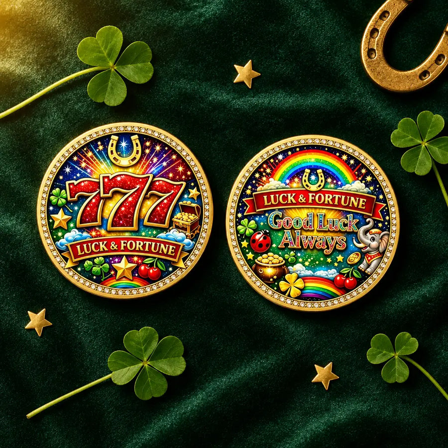 Two round lucky coins with gold borders and colorful shamrock designs, displayed on a dark green velvet background with shamrocks and gold stars.