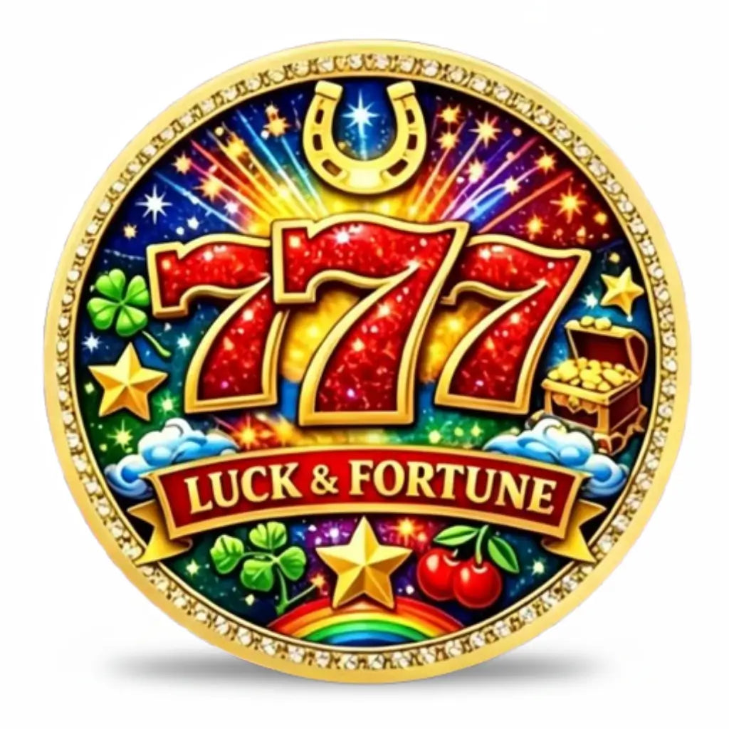 777 Luck Fortune Good Luck Always coin front face triple 777 glitter enamel gold horseshoe four-leaf clover treasure chest rainbow cherries gold stars rhinestone border multicolour enamel lucky charm collectible available at One More Coin store
