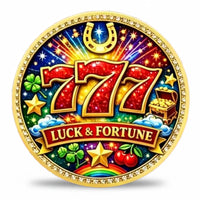 777 Luck Fortune Good Luck Always coin front face triple 777 glitter enamel gold horseshoe four-leaf clover treasure chest rainbow cherries gold stars rhinestone border multicolour enamel lucky charm collectible available at One More Coin store