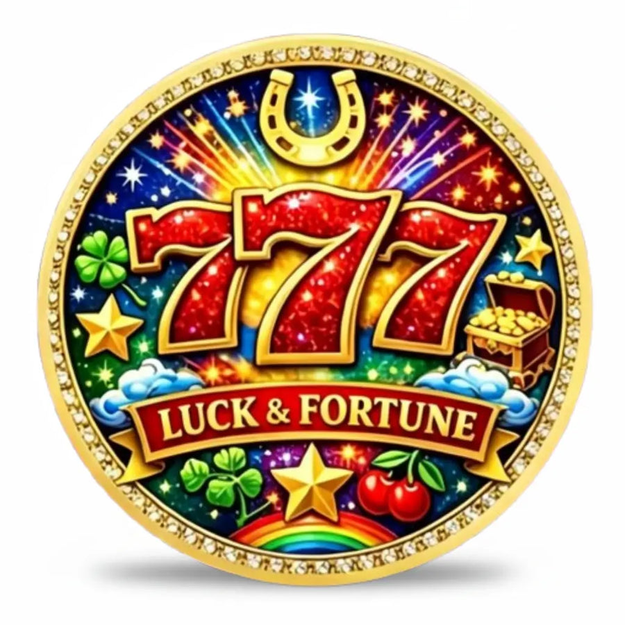 777 Luck Fortune Good Luck Always coin front face triple 777 glitter enamel gold horseshoe four-leaf clover treasure chest rainbow cherries gold stars rhinestone border multicolour enamel lucky charm collectible available at One More Coin store