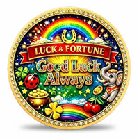 777 Luck Fortune Good Luck Always coin reverse rainbow horseshoe good luck always script elephant raised trunk ladybird four-leaf clover pot of gold cherries gold stars rhinestone border multicolour enamel lucky charm collectible token