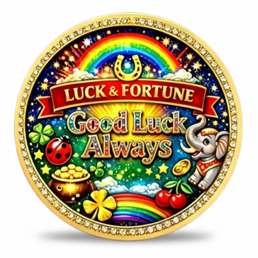 777 Luck Fortune Good Luck Always coin reverse rainbow horseshoe good luck always script elephant raised trunk ladybird four-leaf clover pot of gold cherries gold stars rhinestone border multicolour enamel lucky charm collectible token