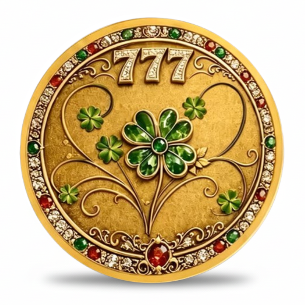Decorative coin with shamrock design, numbers 777, and gemstones on a white background