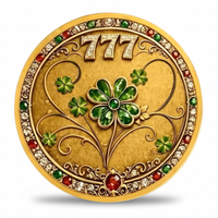 Decorative coin with shamrock design, numbers 777, and gemstones on a white background