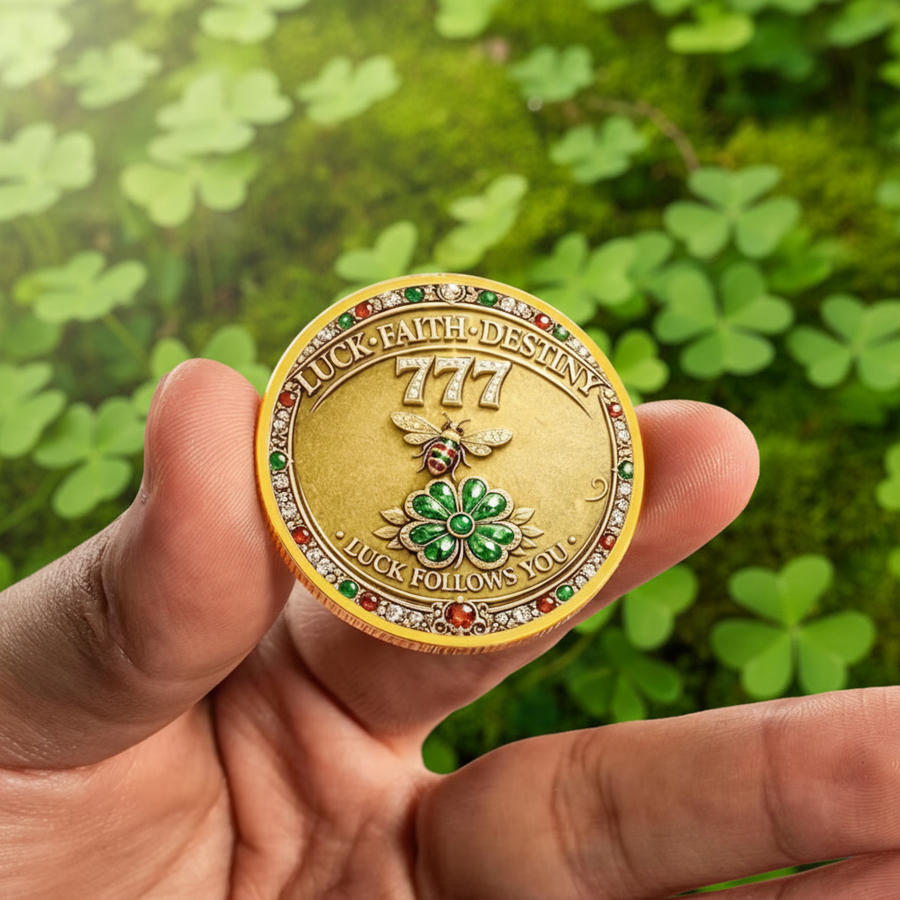 Hand holding 777 Luck Faith Destiny collectible coin with honeybee and four-leaf clover lucky charm collectible token available at One More Coin store
