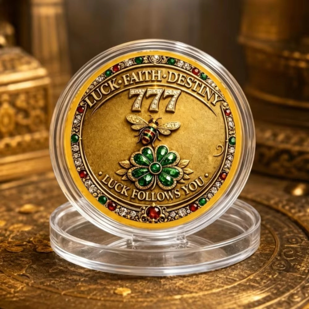 777 Luck Faith Destiny collectible coin in clear display capsule with honeybee and four-leaf clover lucky charm collectible token
