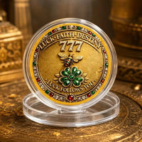 777 Luck Faith Destiny collectible coin in clear display capsule with honeybee and four-leaf clover lucky charm collectible token
