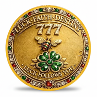 777 Luck Faith Destiny collectible coin front with honeybee four-leaf clover and UV gem border lucky charm collectible token available at One More Coin store
