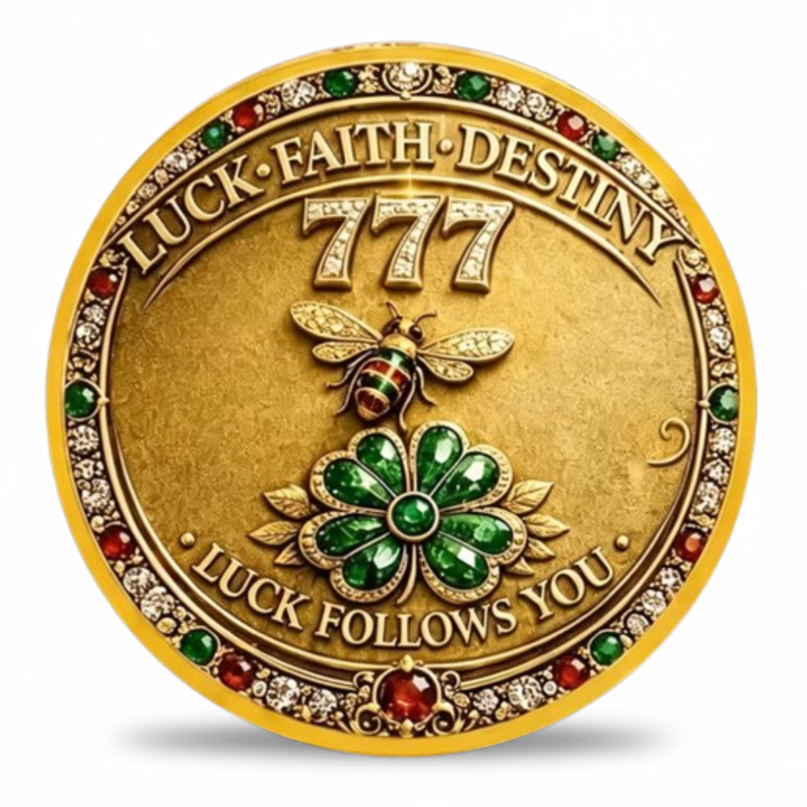 777 Luck Faith Destiny collectible coin front with honeybee four-leaf clover and UV gem border lucky charm collectible token available at One More Coin store
