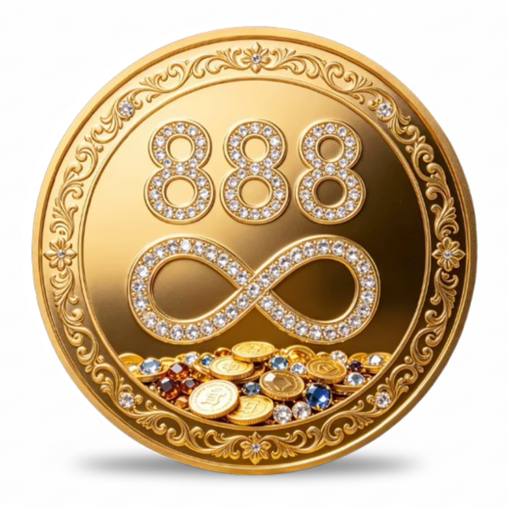 888 infinity diamond crystal lucky collectible coin front face triple eight prosperity symbol gold tone baroque scrollwork gemstones abundance collectible available at One More Coin store
