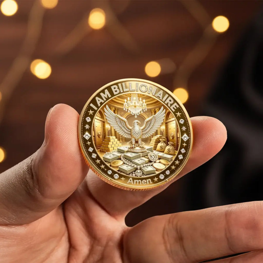 A hand holding a gold-colored commemorative coin that reads 'I AM BILLIONAIRE' with an eagle and stacks of money in the center, set against a warm, blurred background with bokeh lights.