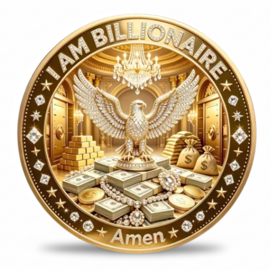I Am Billionaire Amen eagle vault lucky collectible coin reverse face gold bars banknotes chandelier prosperity affirmation gold tone collectible token
